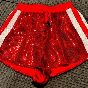 QOS Red Full Sequin Short with White Side Stripe Short